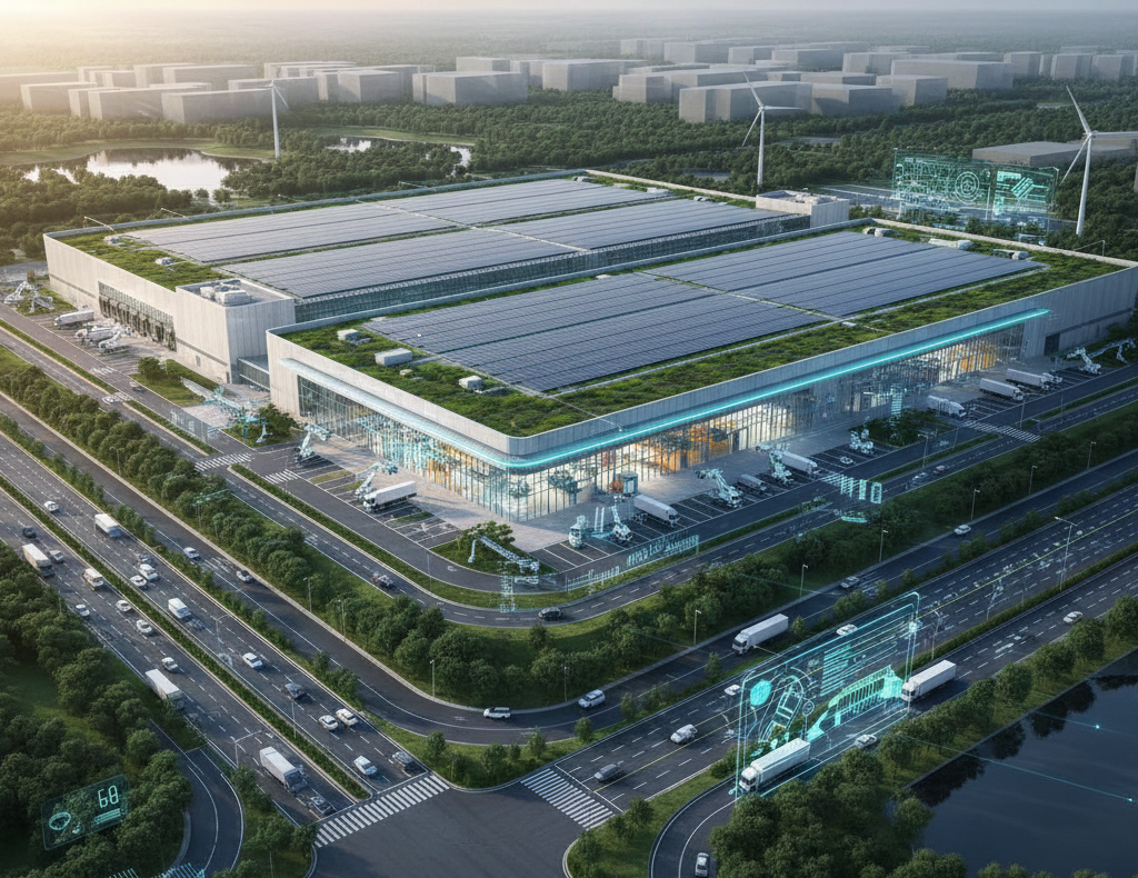 Future vision of a next-generation logistics hub with integrated automation and sustainable infrastructure